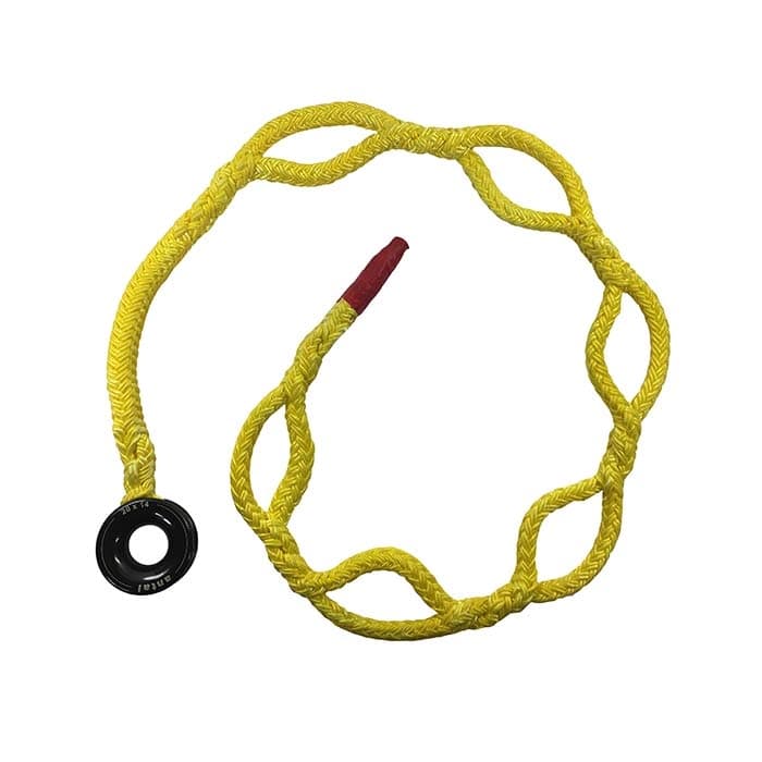 Kokoan Knot Loop 9 yellow loop with several loops and black plastic ring, photographed from above