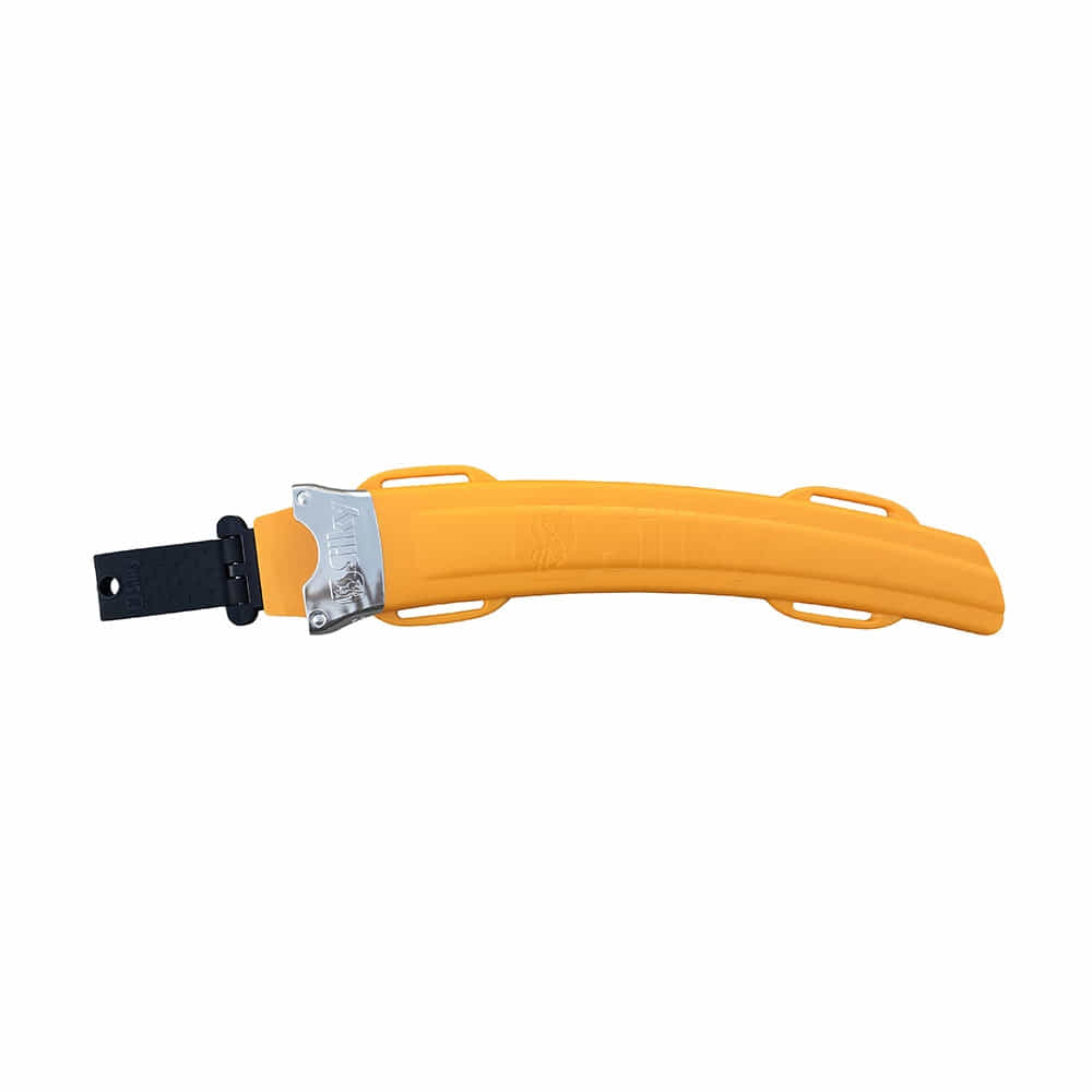 Sugoi 330 Holster by Silky, yellow plastic sheath with black strap and silver metal clamp