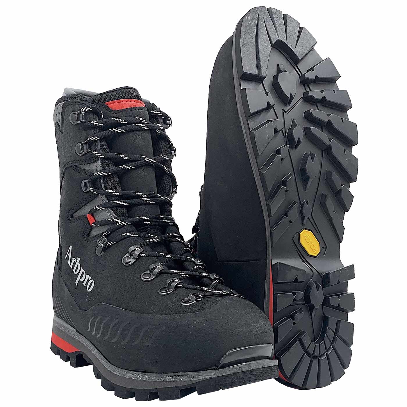 Orion Arbpro black high work shoe with laces and lugged sole, front and side view, different perspective