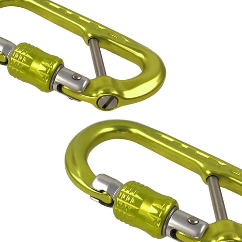 Two yellow-green XSRE Lock Captive Bar carabiners with screw cap and silver-coloured metal parts, partly overlapping on a white background