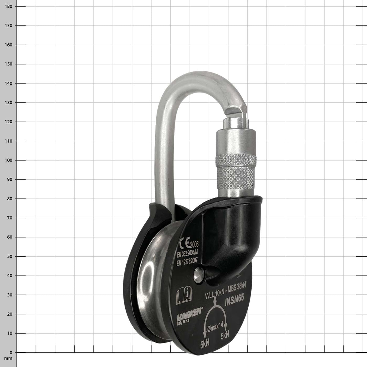 Snatchet 65, black and silver reel with snap hook, manufacturer Harken, type Snatchet 65, back with technical specifications