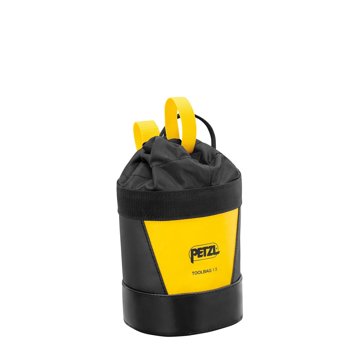 Toolbag 1.5 by Petzl, yellow and black bag with drawstring isolated on white background