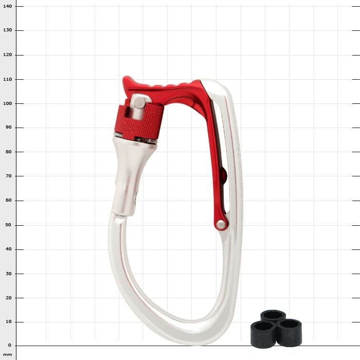 Vault Lock carabiner in silver and red with three small black rubber rings