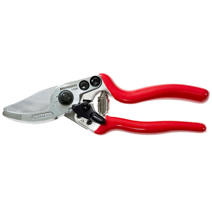 Berger 1104 secateurs with red handles and visible lettering BERGER 1104 and GERMANY on the blade