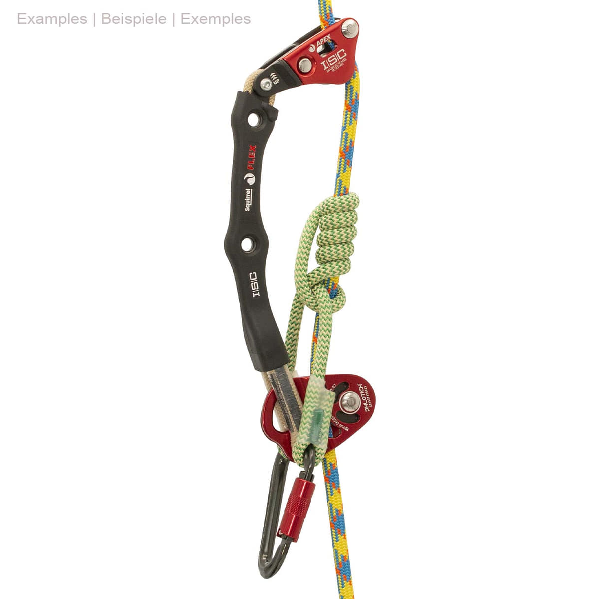 Apex Rope Wrench from ISC in use, red and black metal device on colorful rope with knot and carabiner, against white background