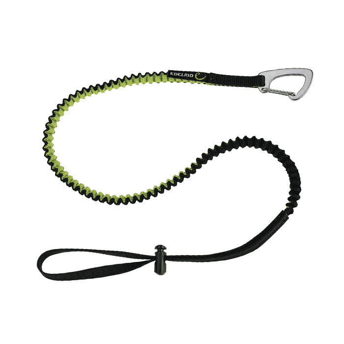 Tool Safety Leash by Edelrid, elastic safety leash with carabiner and loop in black and green