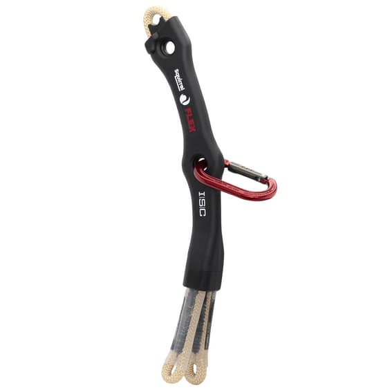 Squirrel Flex Tether von ISIC, schwarzes flexibles Verbindungsteil mit beige-farbenen Schlaufen an beiden Enden und zwei runden Löchern