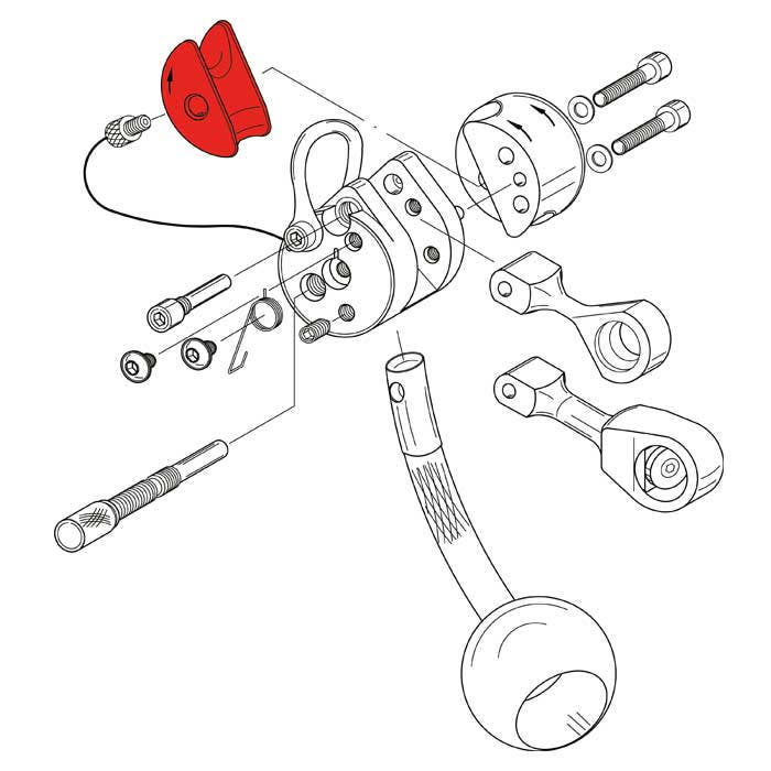 Technical drawing with several individual parts, including a LockJack clamping jaw 12/13 marked in red, screws, levers and other components, all sketched in black and white.
