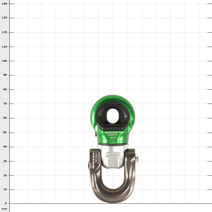 Mini-Swivel Focus S, green and silver metal ring with opening in the middle, manufacturer's name not visible