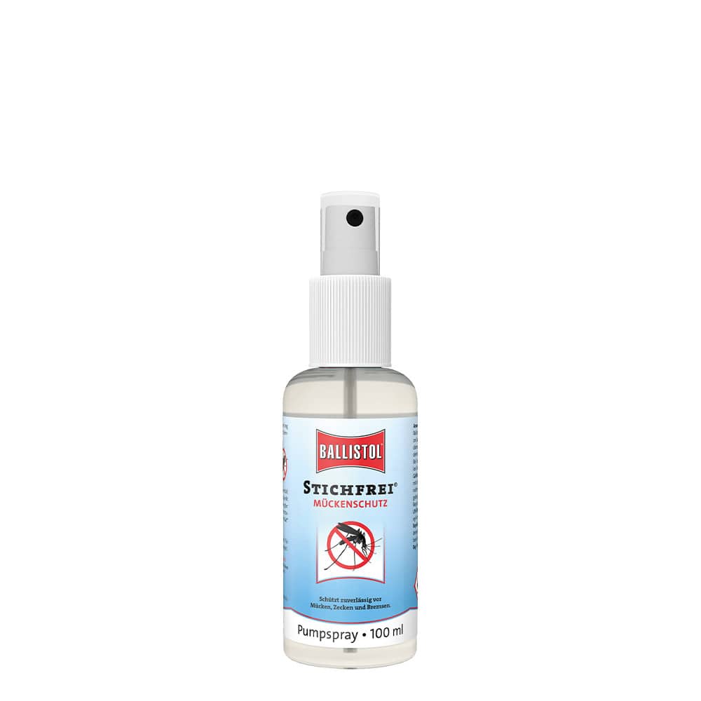 Ballistol Stitch-Free Mosquito Repellent Pump Spray 100 ml with white spray head and blue label with red Ballistol logo and image of a crossed-out mosquito