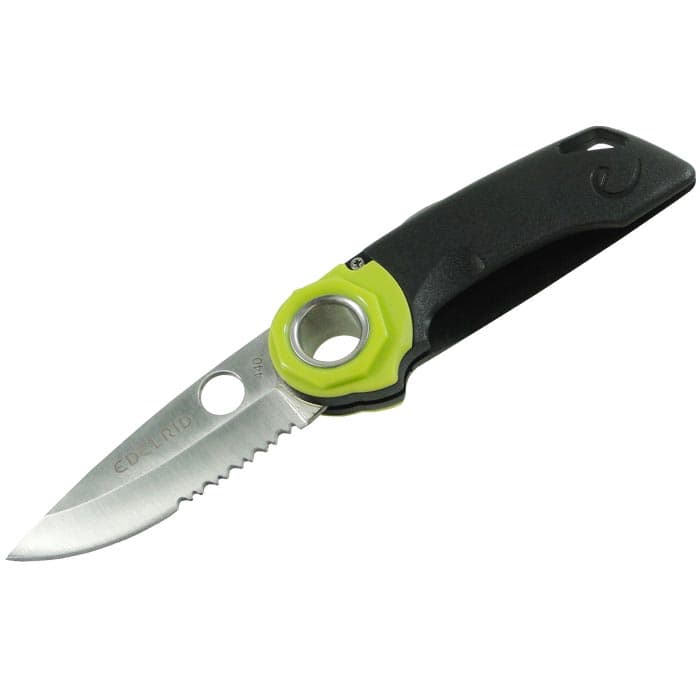 Ropetooth folding knife by Edelrid with black handle, green accent and silver blade, opened, photographed from above