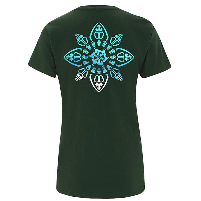 Symmetree T-shirt dark green with a large blue symmetrical pattern on the back, freestanding