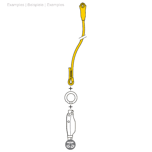 Drawing of a yellow belay device with rope, a ring and another part underneath, inscription in English, German and French Jane-I