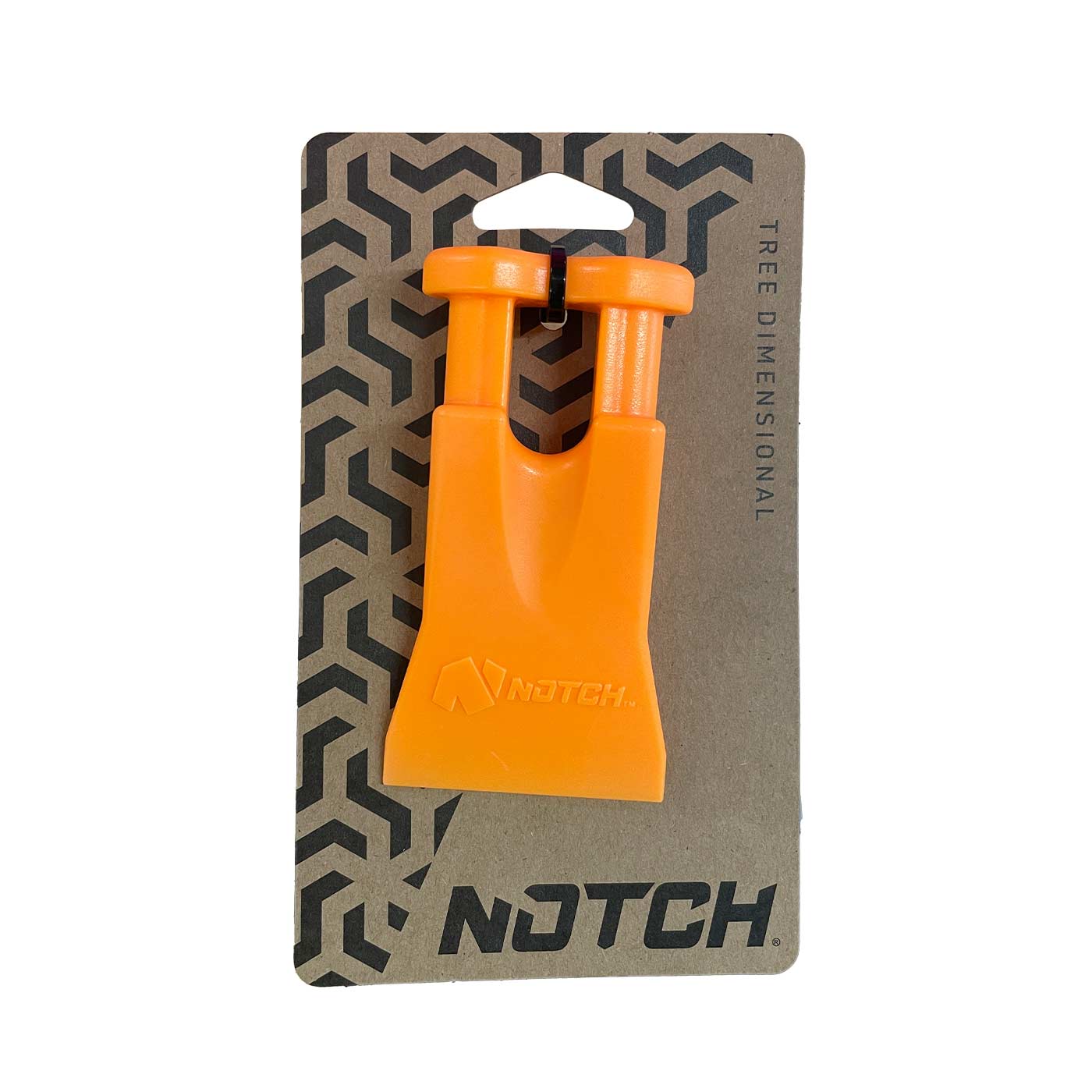 Climbers Best Friend Wedge of Notch, orange plastic wedge attached to brown cardboard with black notch logo and geometric pattern