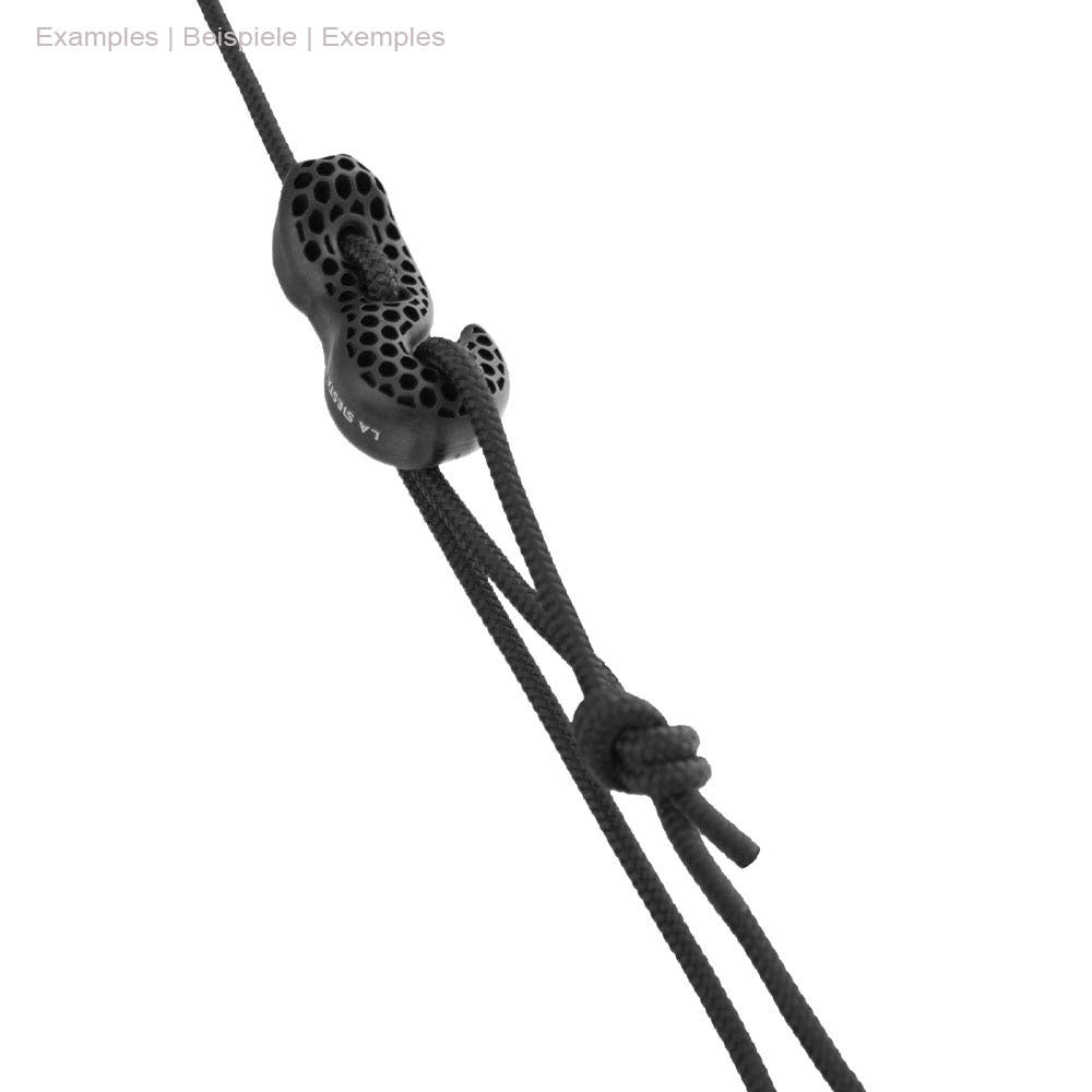 Close-up of the black hook and knots of the CasaMount Hammock of La Siesta on a black rope