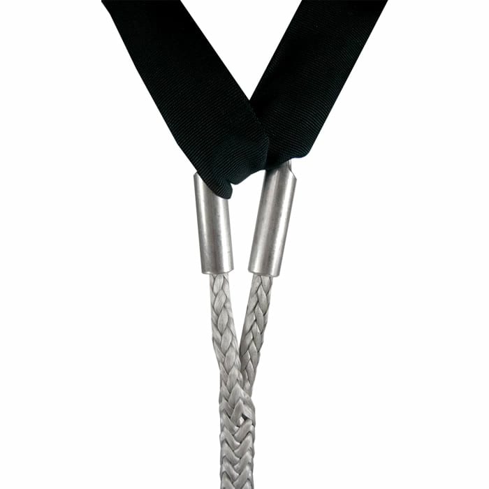 Two stainless steel thimbles 12, connected with grey braided ropes and black protective cuffs