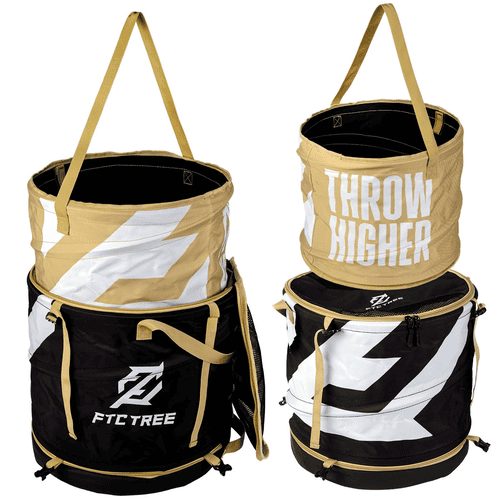 Two Matriosac 3 bags, one beige with white lettering THROW HIGHER and one black with white FTC TREE logo and large white arrows, standing next to each other