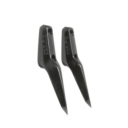 Two black Talon spikes L made of metal with a tapered end and two screw holes.