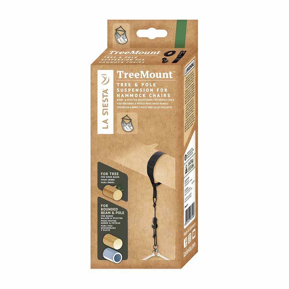 Packaging of La Siesta's TreeMount Seat with brown design and image of a black strap with hook