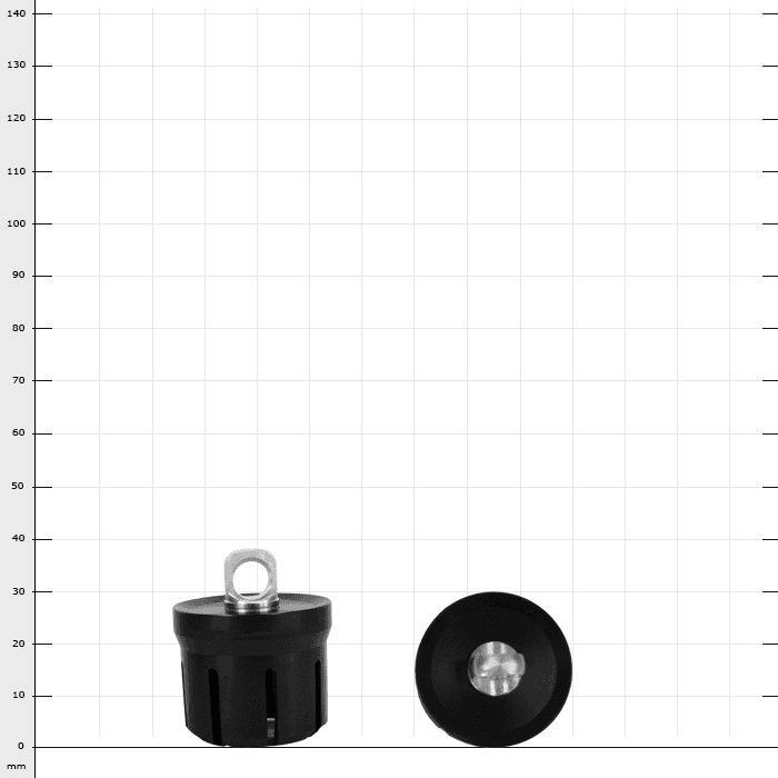DoubleSnapper 3 ball cage, two black round pieces with metal eyelet and slit pattern on white background