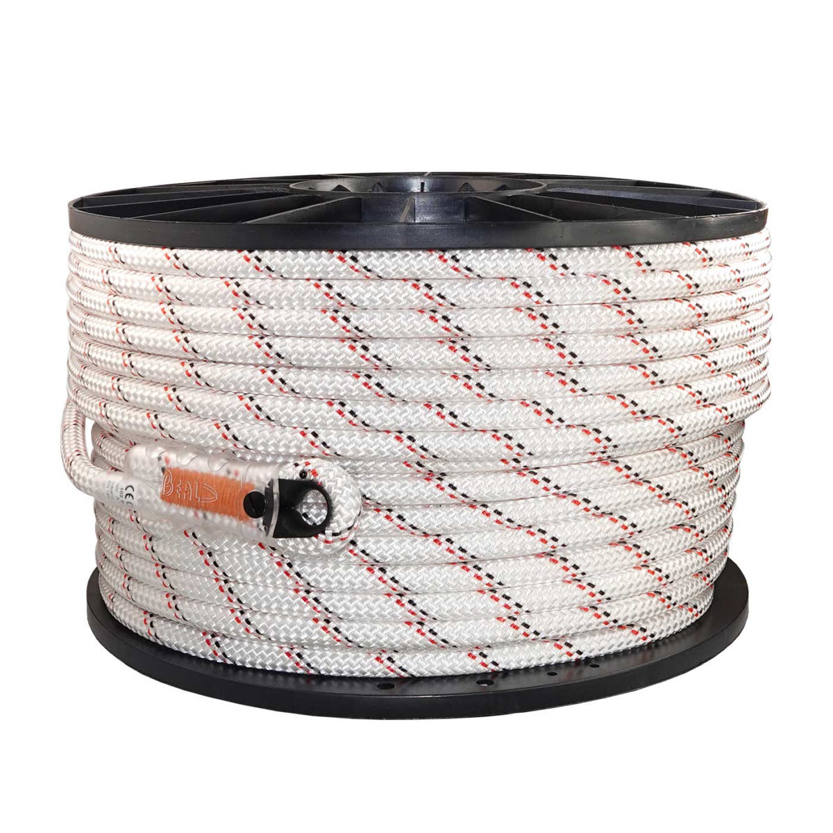 Industry 11 rope on black plastic spool, white with red-black pattern, end loop with transparent protection visible