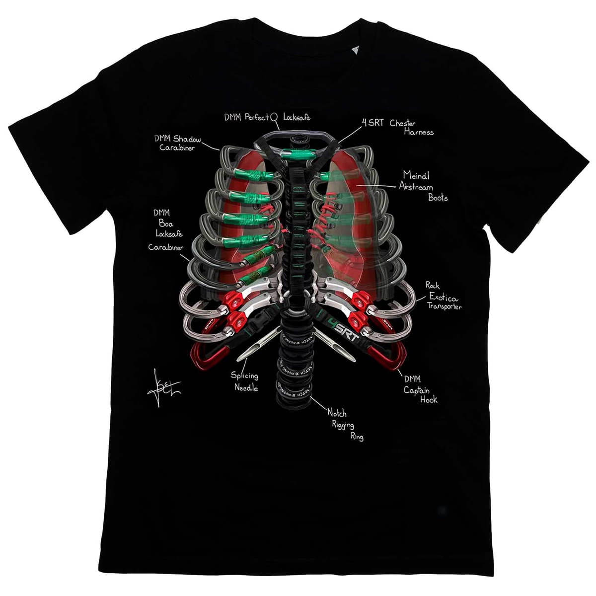 Black t-shirt with a printed design showing a rib cage pattern from climbing equipment, product name Arb Ribs