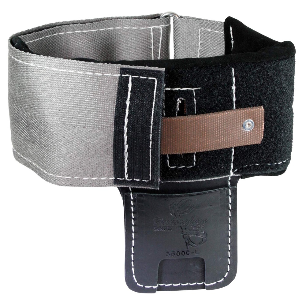 Wrap pads, crampon pads, grey and black padded strap with brown strap and black leather section with white stitching and embossing
