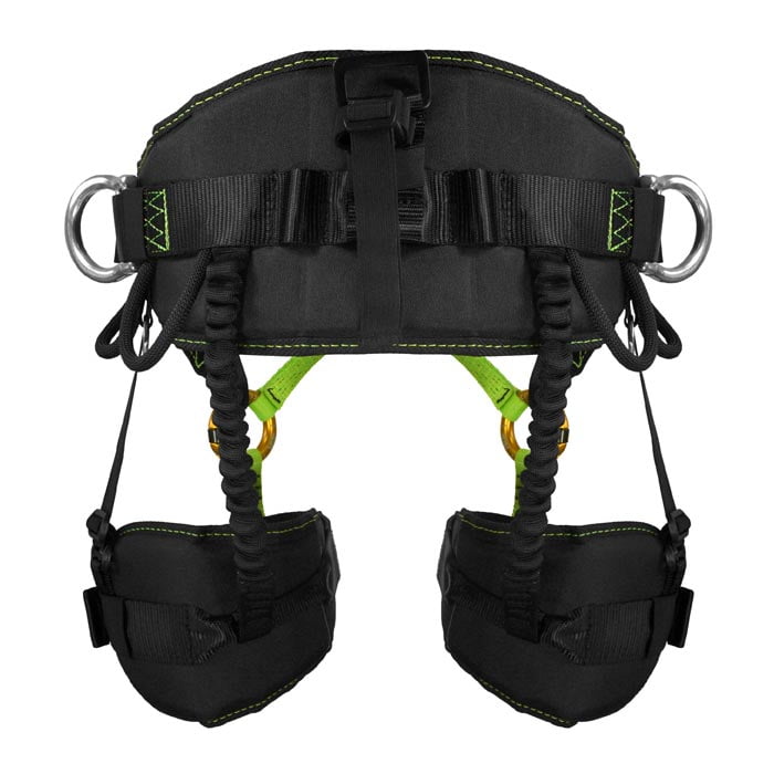 Treewor C Rear view of the black and green climbing harness with metal rings and elastic bands