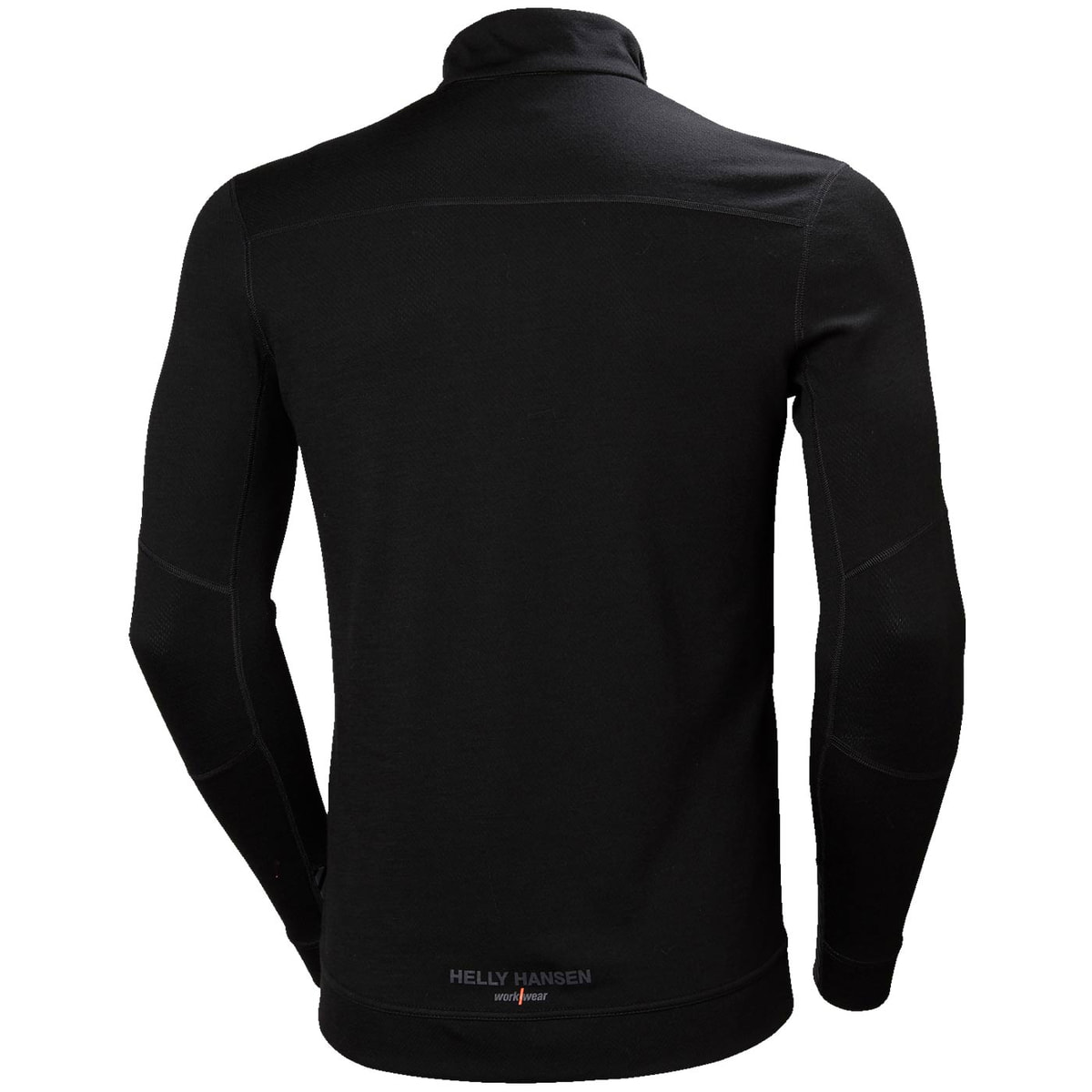 LIFA Merino Half Zip by Helly Hansen, back view of the long-sleeved top in black with grey logo at the bottom