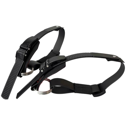 Thistle lower ratchet strap, two black straps with ratchet closure and metal rings, side view