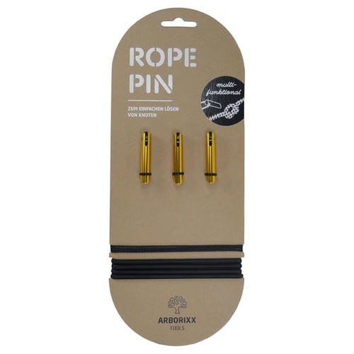 Rope Pin 10 by Arborixx Tools, three orange pins with black loops on brown packaging with text and black elastic band