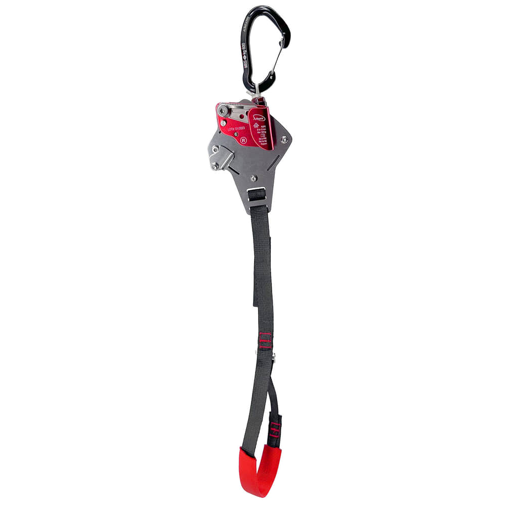 Gemini Knee, a belay device with black carabiner, red metal part and black belt with red end