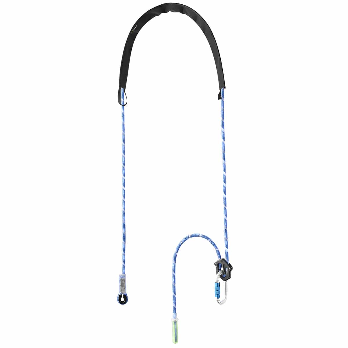 Switch Pro Adjust, blue and white rope with black padding at the top, snap hook and green protection at the bottom