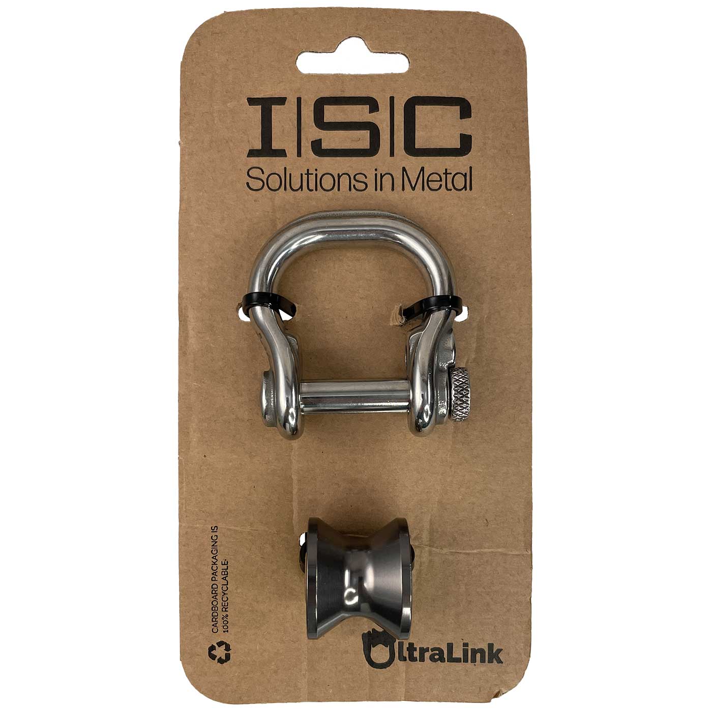 Ultra Link Large by ISC, packed on brown cardboard with black ISC logo and UltraLink logo, silver shackle and grey double pulley attachment