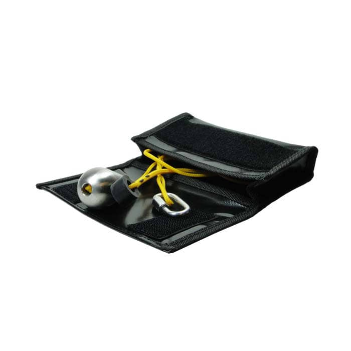 Quick-Kit, black case with open lid, inside a silver metal object with yellow ribbon