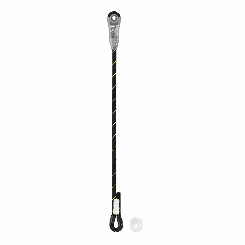 Petzl Jane-I, gray belay device with black rope with yellow dots and white stitching, plus a small transparent plastic ring