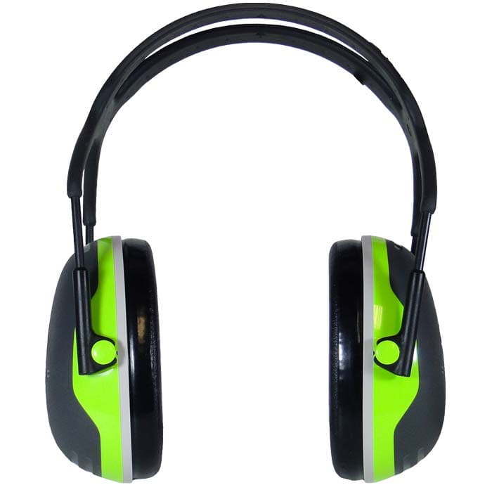 Hearing protection X4 with headband, frontal with black headband and grey and neon green ear cups, manufacturer 3M Peltor
