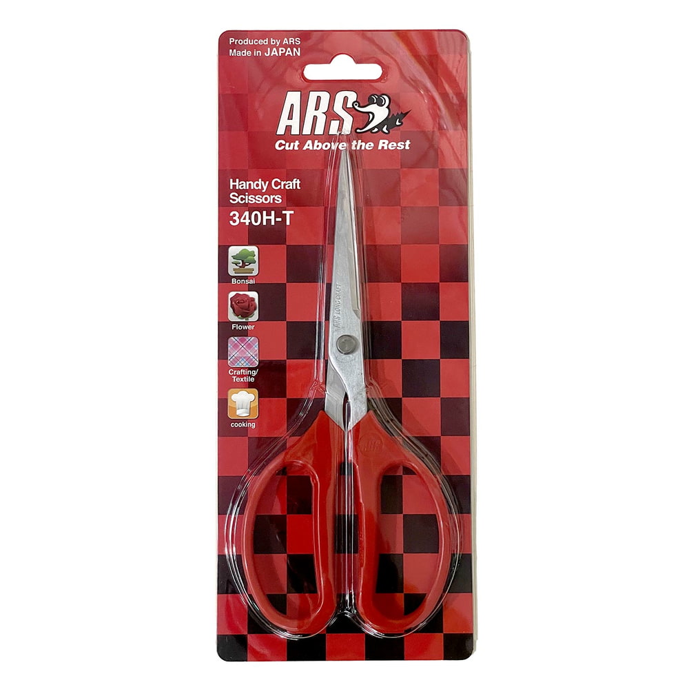 ARS 340HT all-purpose scissors in packaging with red checkerboard pattern and red handles, on the packaging it says "Handy Craft Scissors 340H-T" and "Produced by ARS Made in JAPAN"
