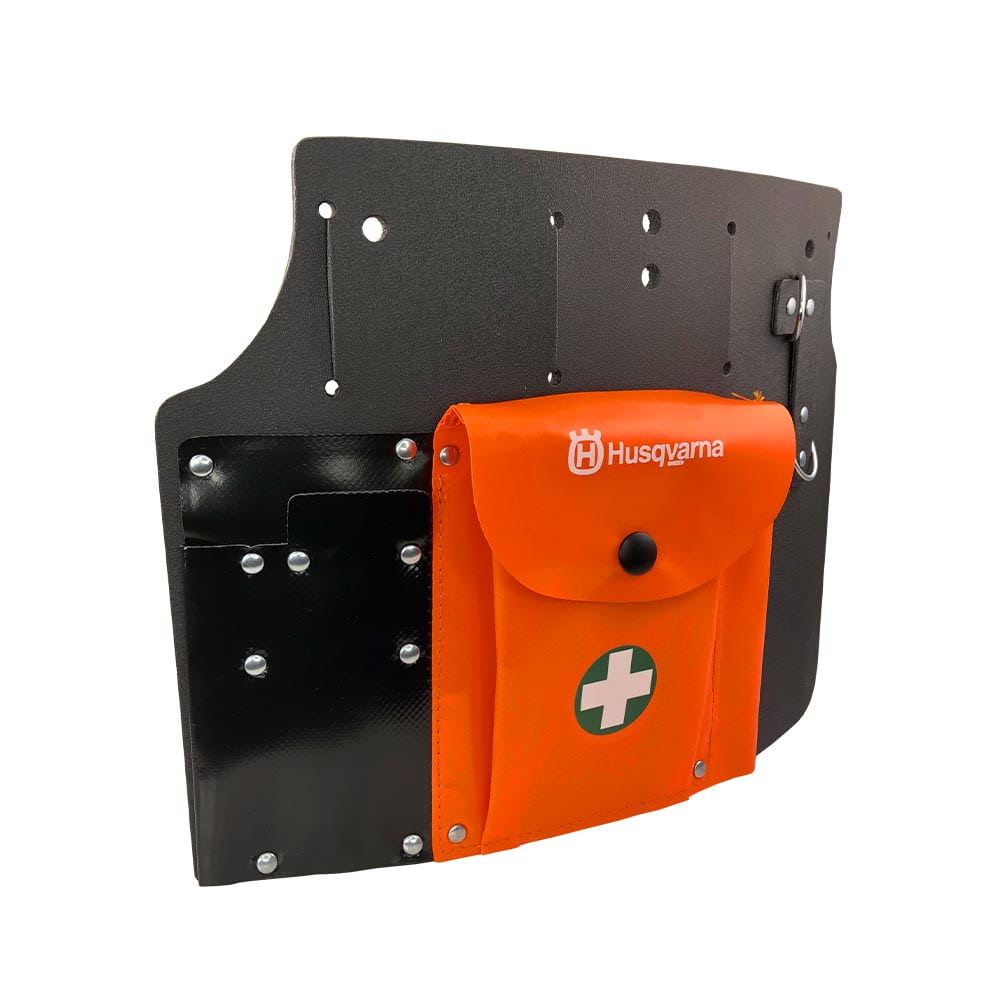 Tool bag with black and orange compartment, orange compartment with Husqvarna logo and white cross, black back panel with holes and metal rings, side view