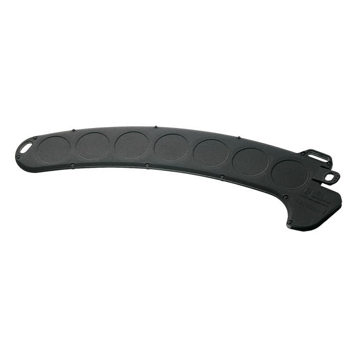 Hayauchi saw blade cover, black, curved cover with several round recesses and two eyelets at the ends.