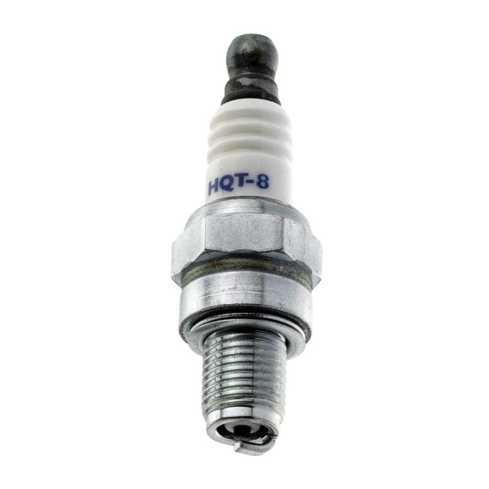 HQT-8 spark plug with white ceramic housing and metal thread, model HQT-8 printed on the housing