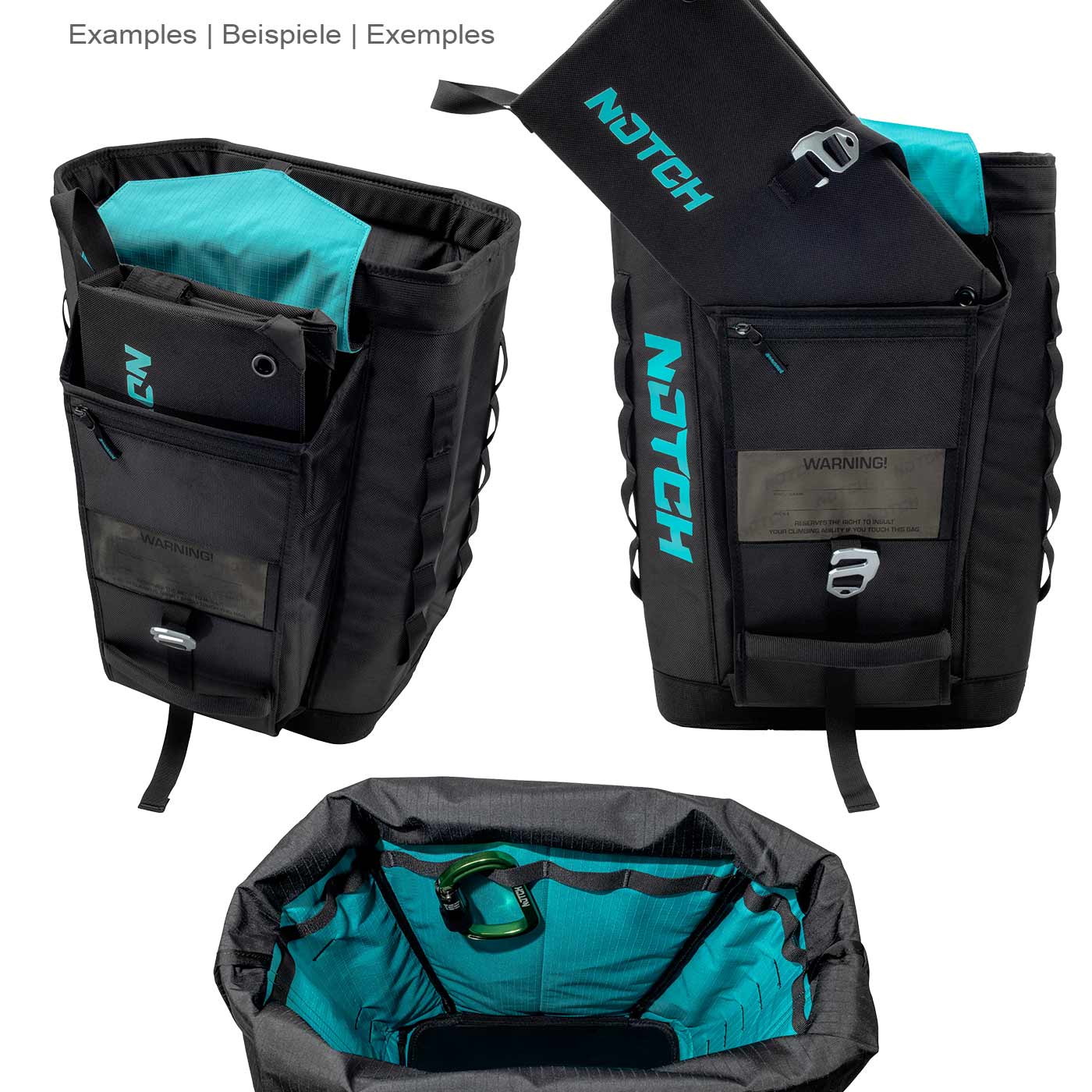 Three views of the black Approach Bag with turquoise lining, removable inner pockets, zipper compartment and carabiner, all with visible NOTCH logo
