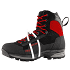 TreeClimb black mountaineering boot with red laces and red heel pad, side view with black sole and grey midsole