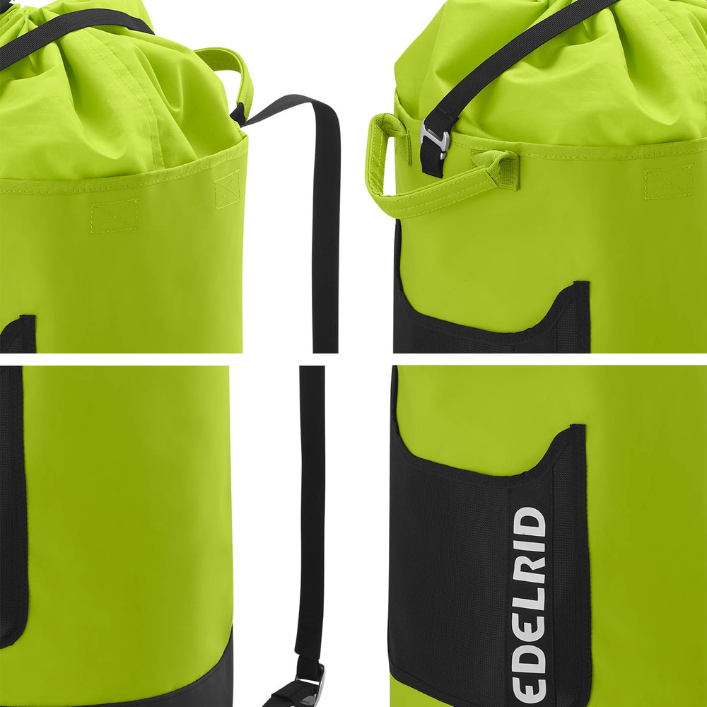 Cask 28 by Edelrid, close-ups of details of the yellow and black rope bag, including drawstring, carry handle, shoulder strap and black bag with white Edelrid logo