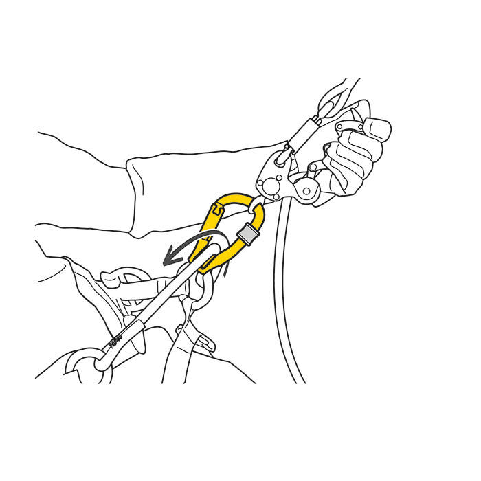 Black and white drawing of a hand with climbing equipment attaching a yellow Rollclip Z Triact-Lock carabiner to a rope