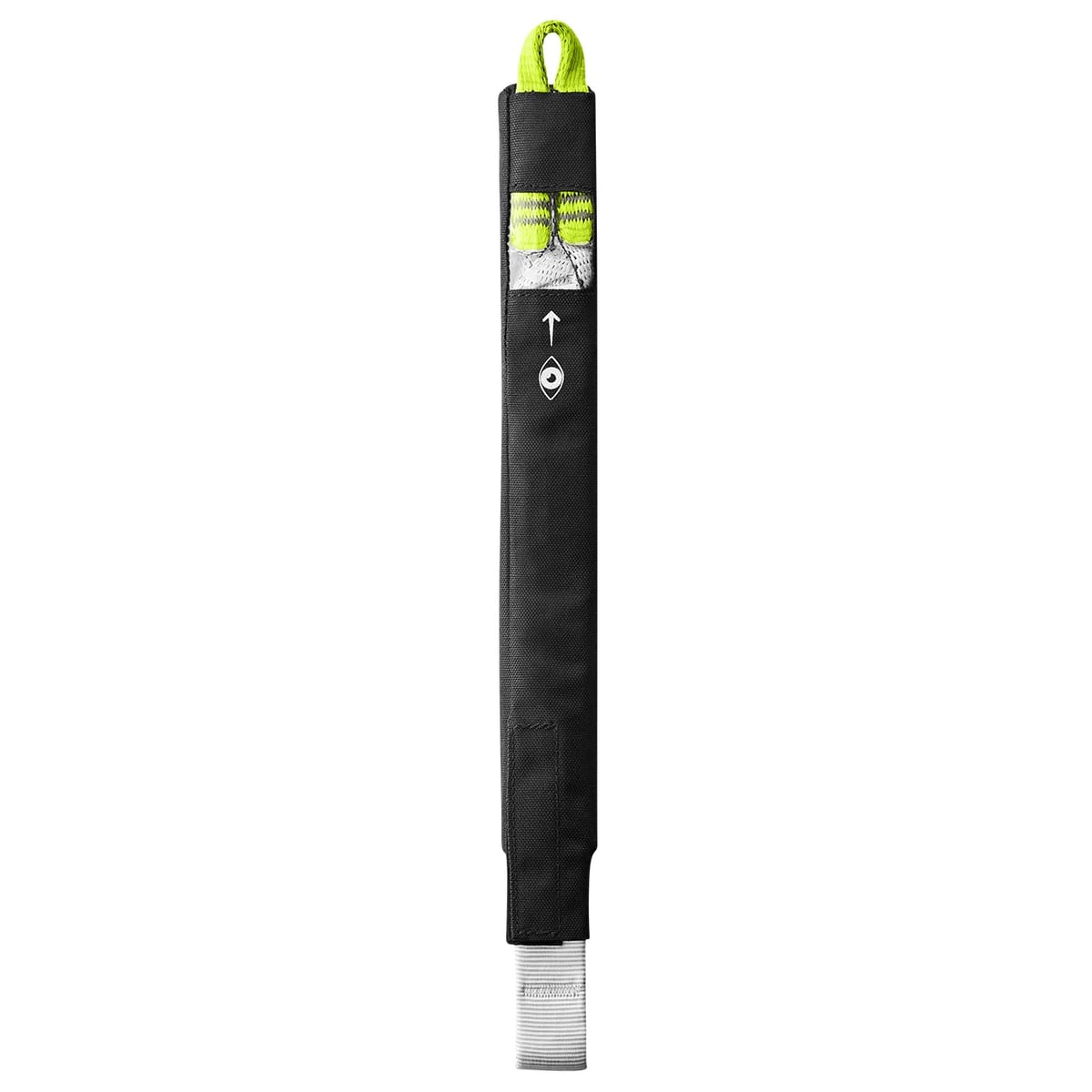 Defuser Rescue, black protective cover with yellow-green loops at the top and white ribbon at the bottom, arrow and eye as markings on the front, manufacturer's name not visible