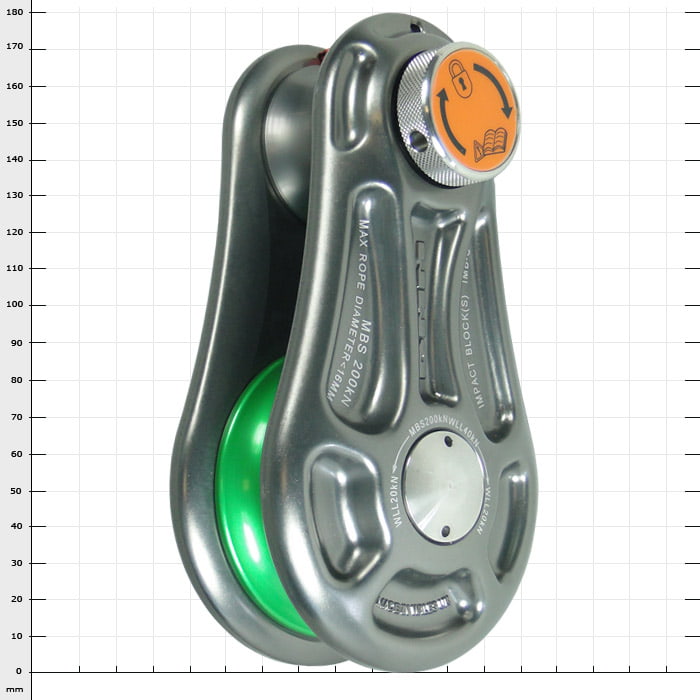 Impact Block S, grey metal with green rope wheel and orange knob with lock symbol