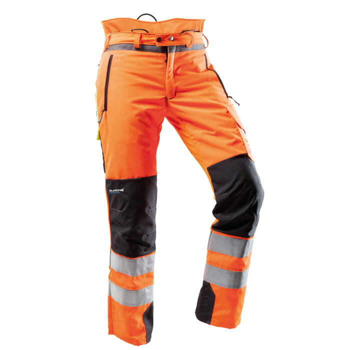 Ventilation Cut protection trousers EN 20471 in orange with black knee inserts and reflective stripes on the legs