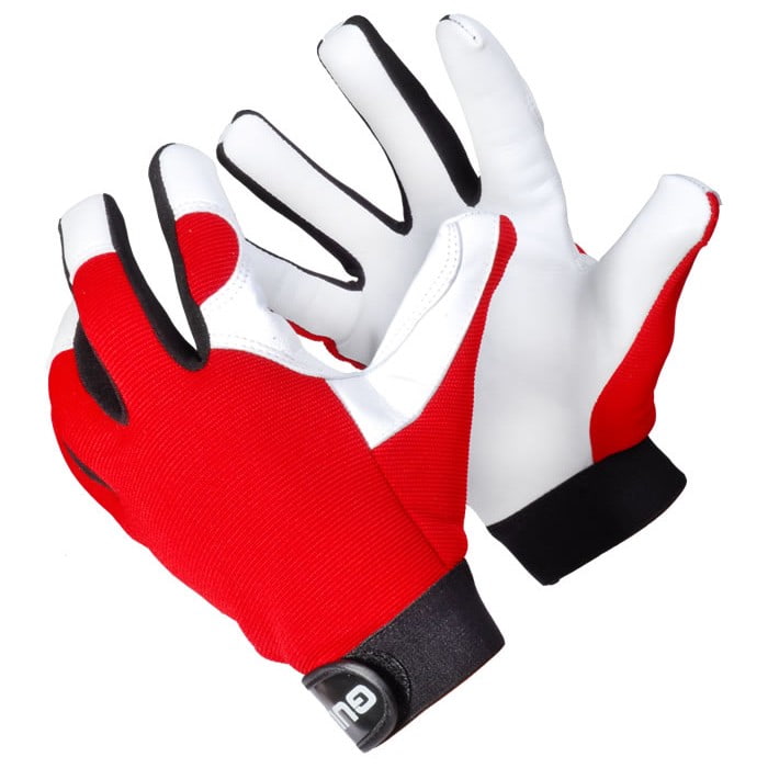 54 Guide Leather Work Gloves, Red, White and Black, with Elastic Waistband and Black Velcro Closure