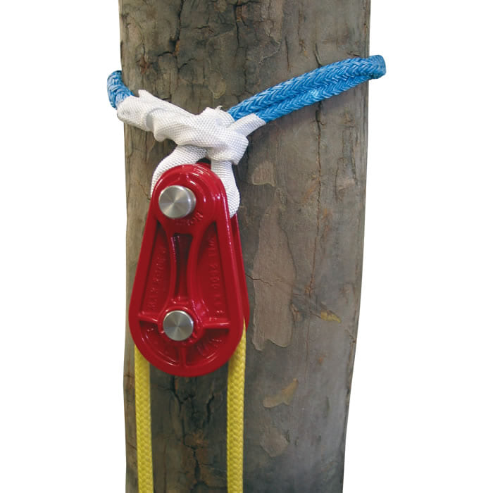 Whoopie Sling 14, blue rope tied around a tree trunk with white loops, red pulley hanging from it with yellow rope